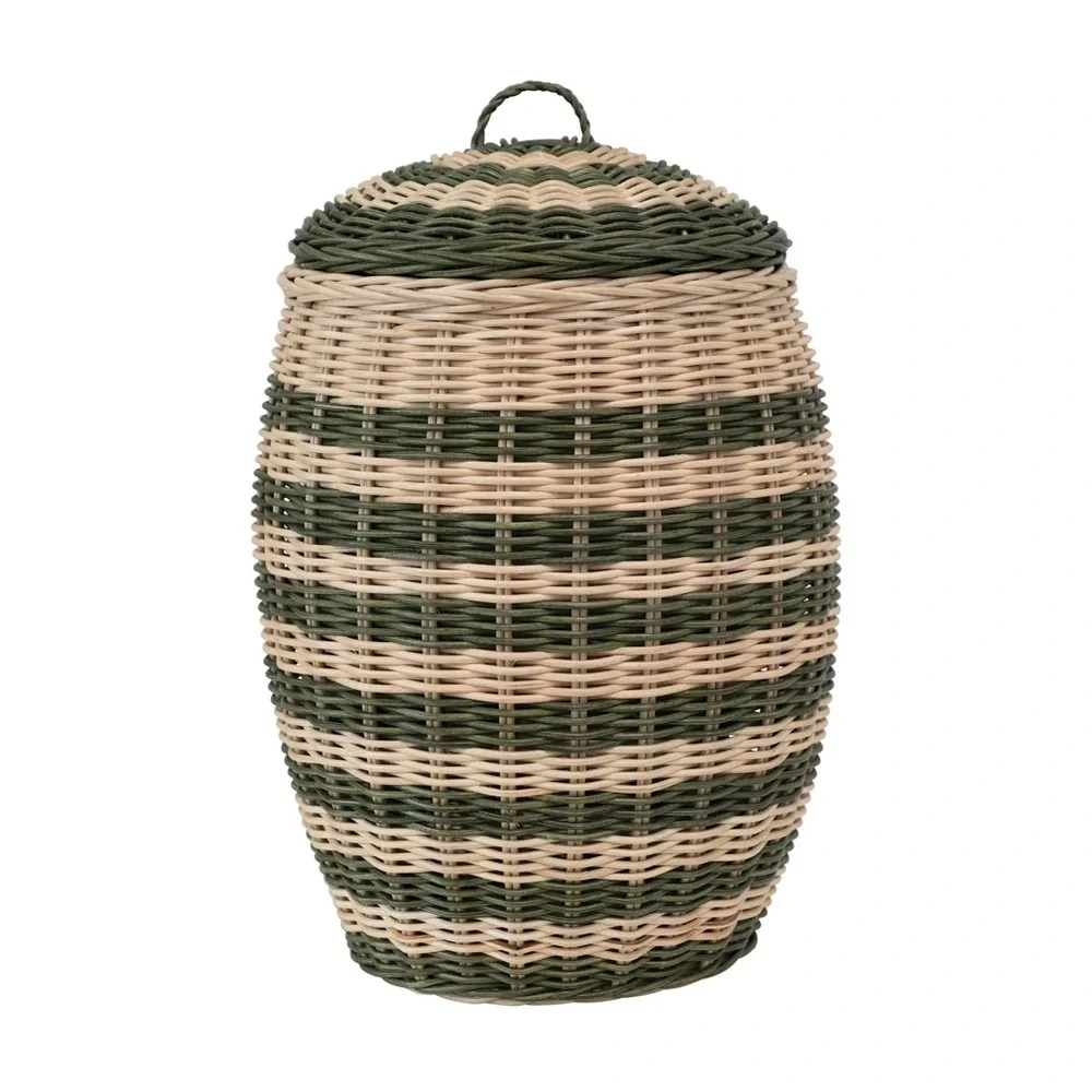 Green and Cream Striped Hand-Woven Rattan Basket with Lid
